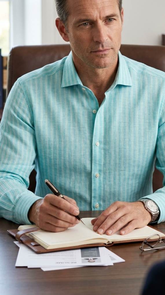 Seafoam Green with Blue and cream stripes 100% Pure Linen (No cotton)
