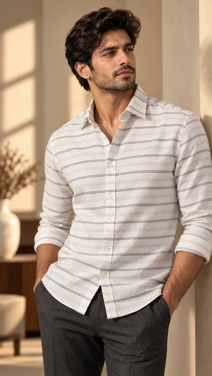 Sophisticated IVORY -WHITE Cotton Linen 60 Lea Striped Fabric
