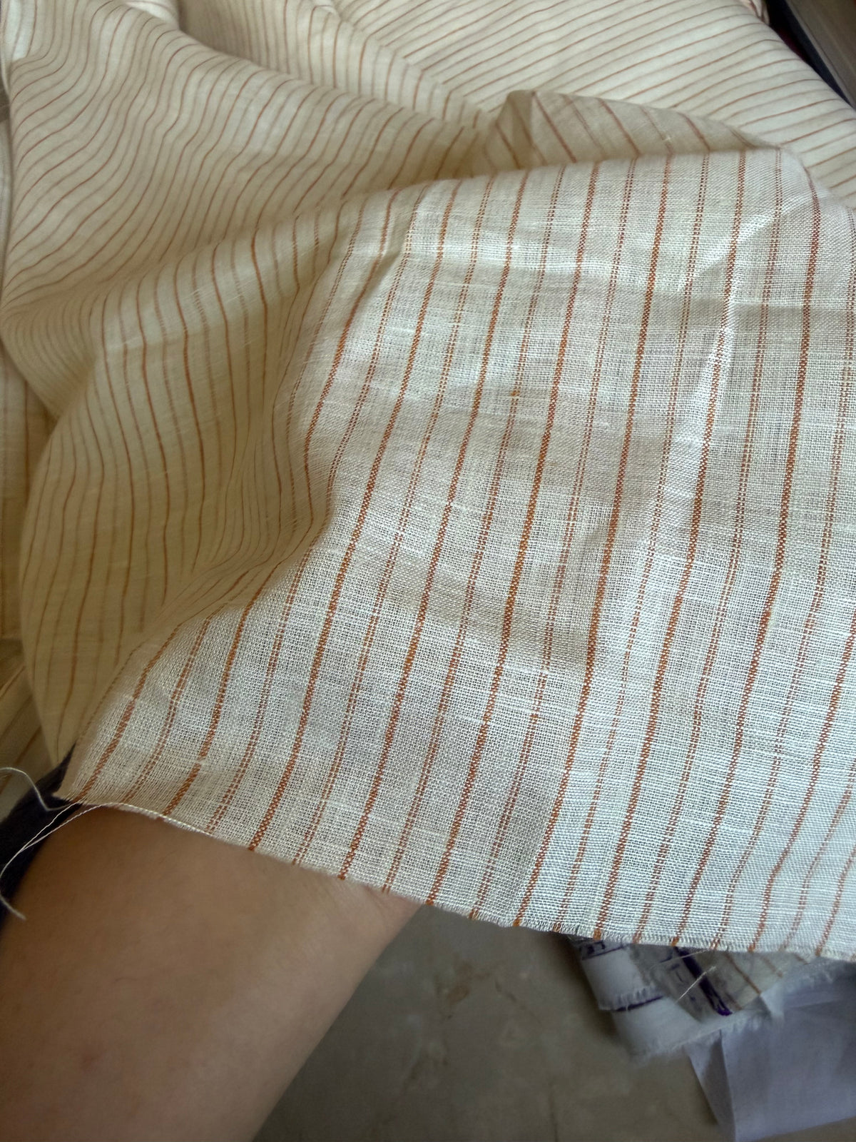 Premium Cream & Rust Pinstripe 100% Pure Linen Fabric – 60 Lea(0% Cotton)