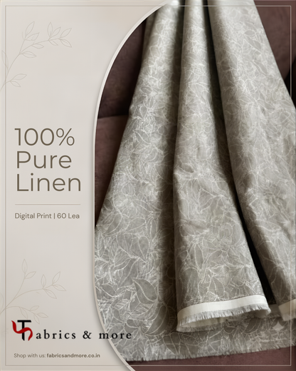Charcoal Grey Leaf Line-Art Digital Print 100% Pure Linen Fabric 60 Lea (0% Cotton)