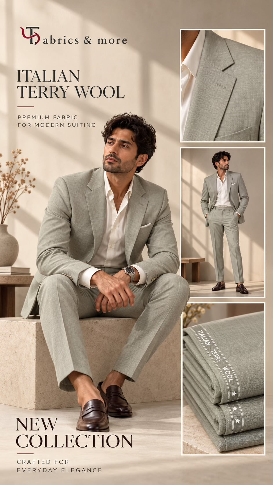 Imported Korean Terry Wool by Johan & Martin – Wrinkle-Free Premium SAGE GREY Suiting Fabric