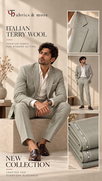 Imported Korean Terry Wool by Johan & Martin – Wrinkle-Free Premium SAGE GREY Suiting Fabric