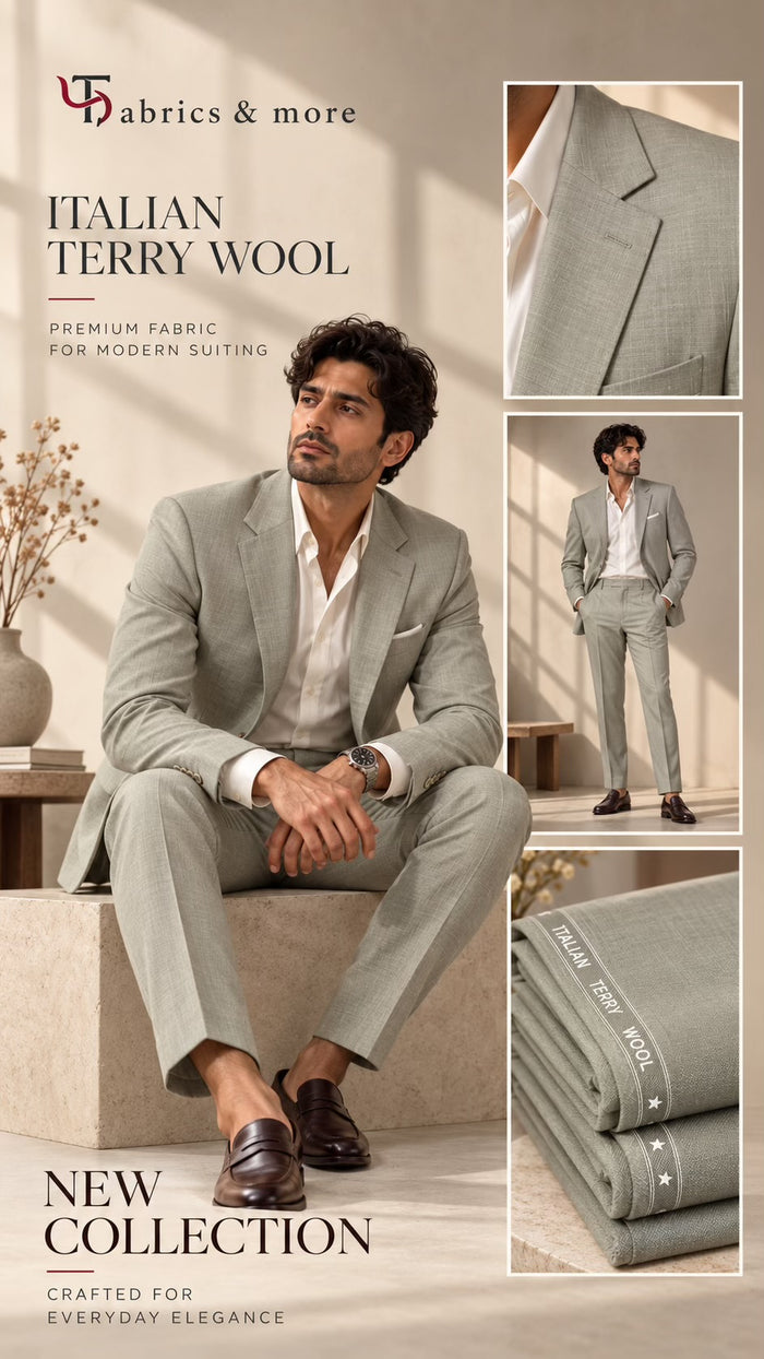Imported Korean Terry Wool by Johan & Martin – Wrinkle-Free Premium SAGE GREY Suiting Fabric