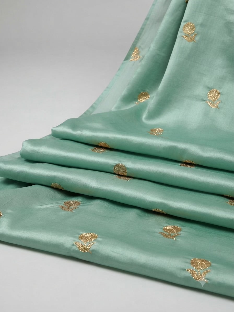 Sea-Green Malai Chanderi Fabric with Light Golden Jari Embroidery