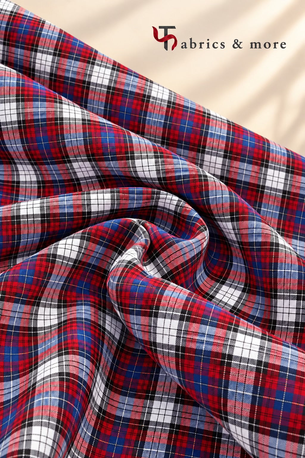 Red, Navy Blue & White Tartan Check Spun Fabric