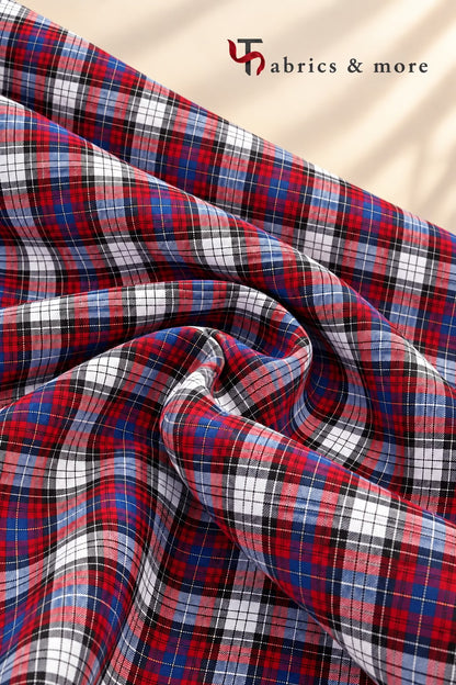 Red, Navy Blue & White Tartan Check Spun Fabric