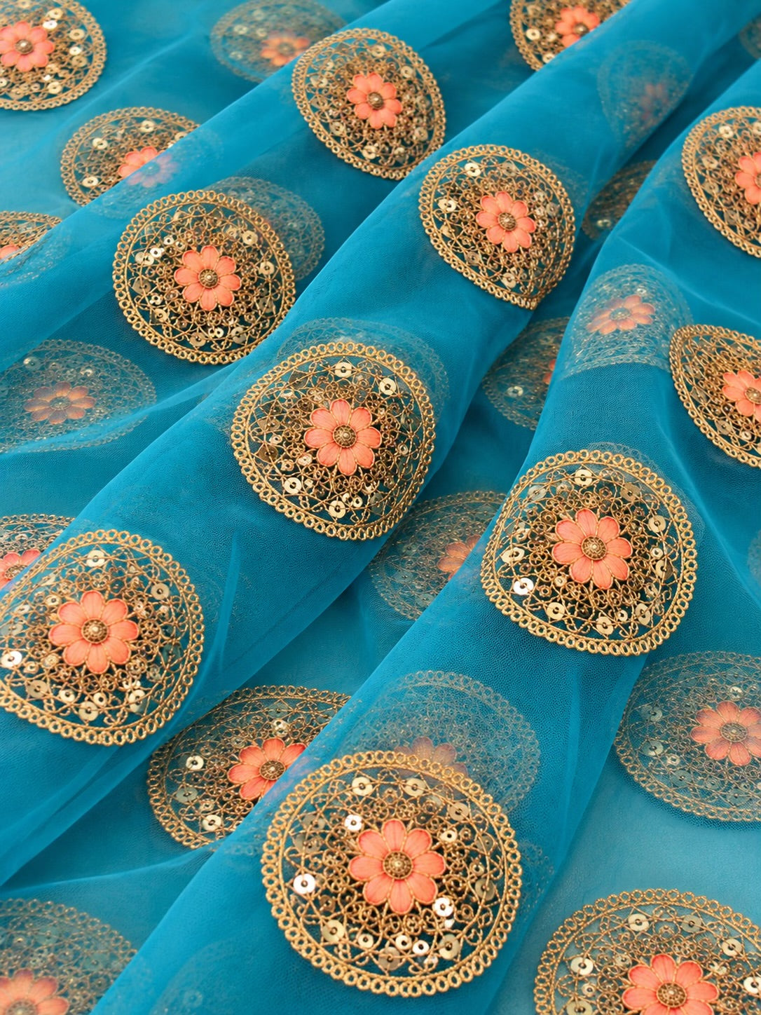 Firozi Blue Embroidered Net Fabric with Golden Dori, Sequins & Peach Thread Work