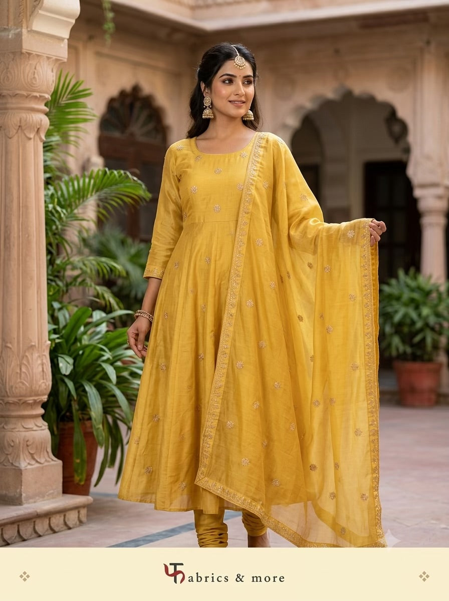 Rich Mustard Yellow  Malai Chanderi Fabric with Glitter Light Golden Dori Embroidery