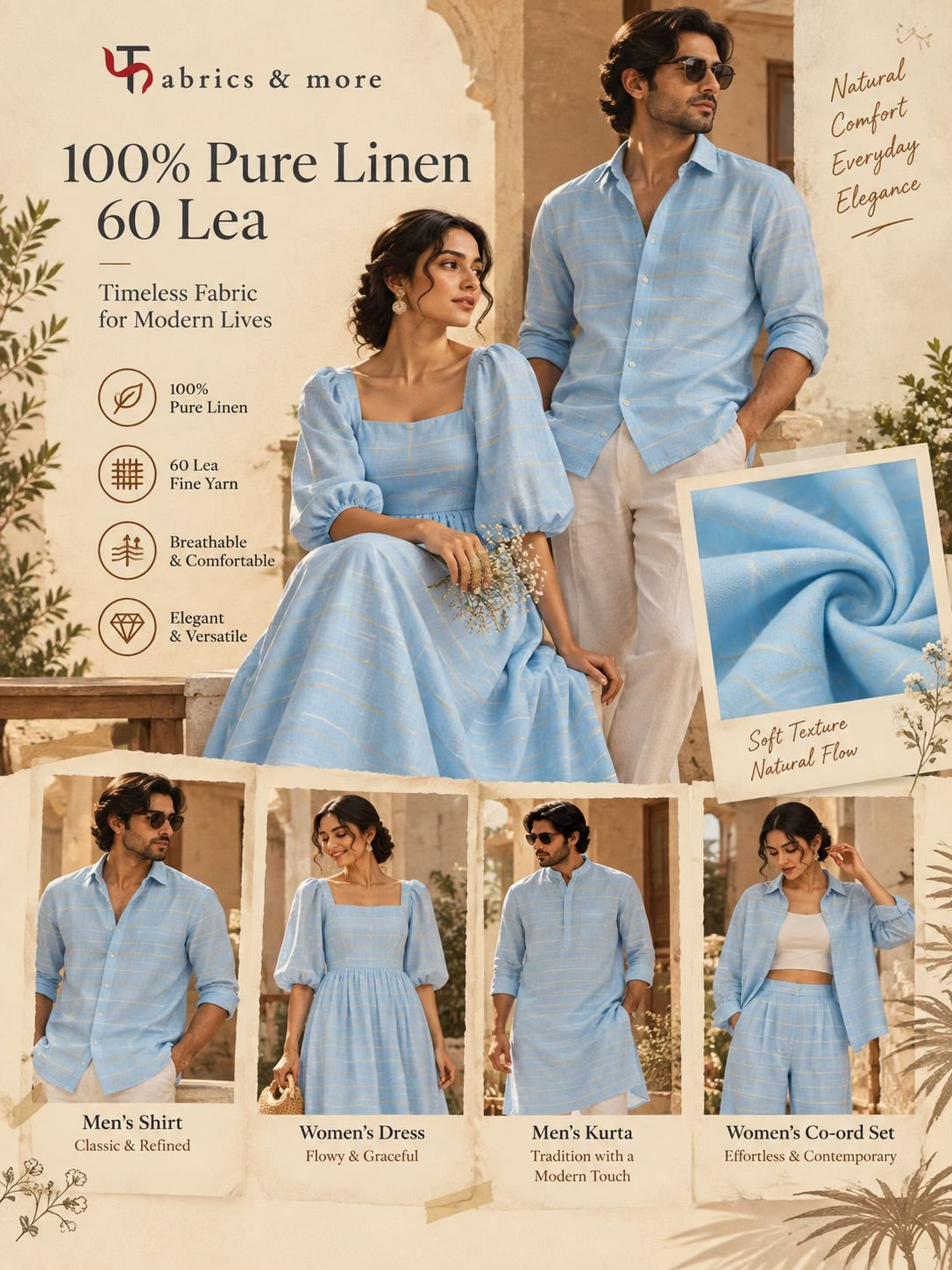 Sky Blue Cotton Linen 60 Lea Fabric with Subtle Beige Stripes