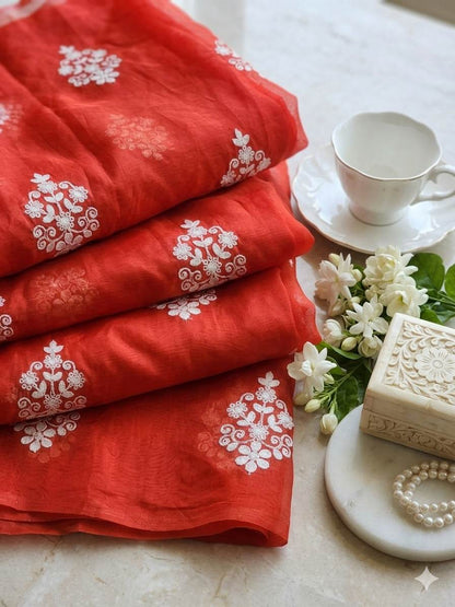 Hot Orange Chanderi Silk with White cord Motifs Fabric