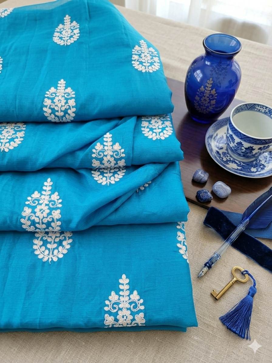 Teal Blue Chanderi Silk with White cord Motifs Fabric