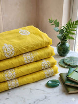 Greenish Yellow Chanderi Silk with White cord Motifs Fabric