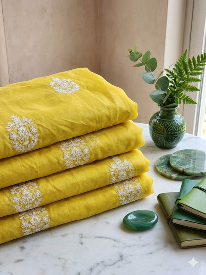 Greenish Yellow Chanderi Silk with White cord Motifs Fabric