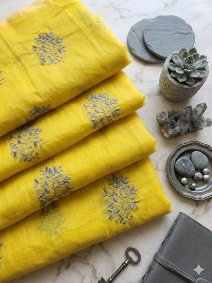 Greenish Yellow Chanderi Silk with Grey thread and seq Motifs Fabric