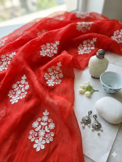Hot Orange Chanderi Silk with White cord Motifs Fabric