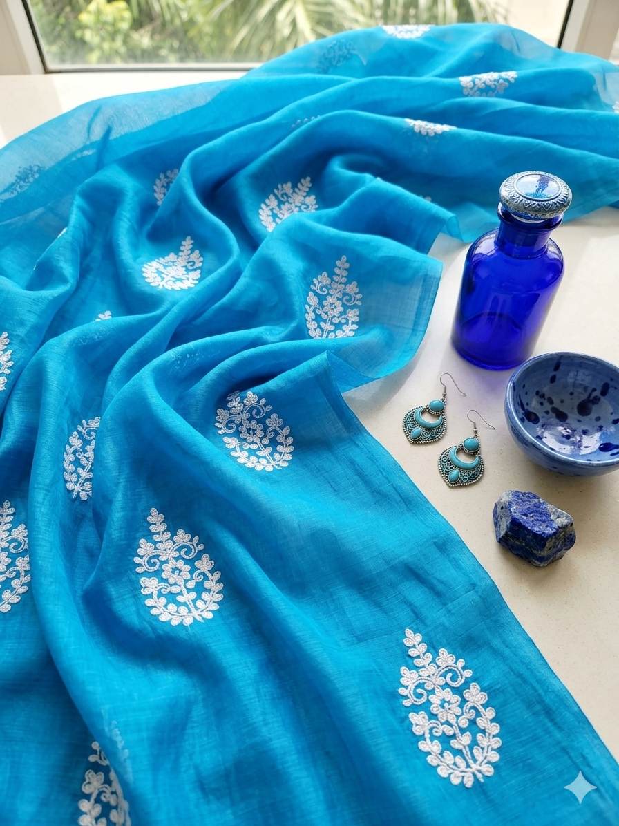 Teal Blue Chanderi Silk with White cord Motifs Fabric