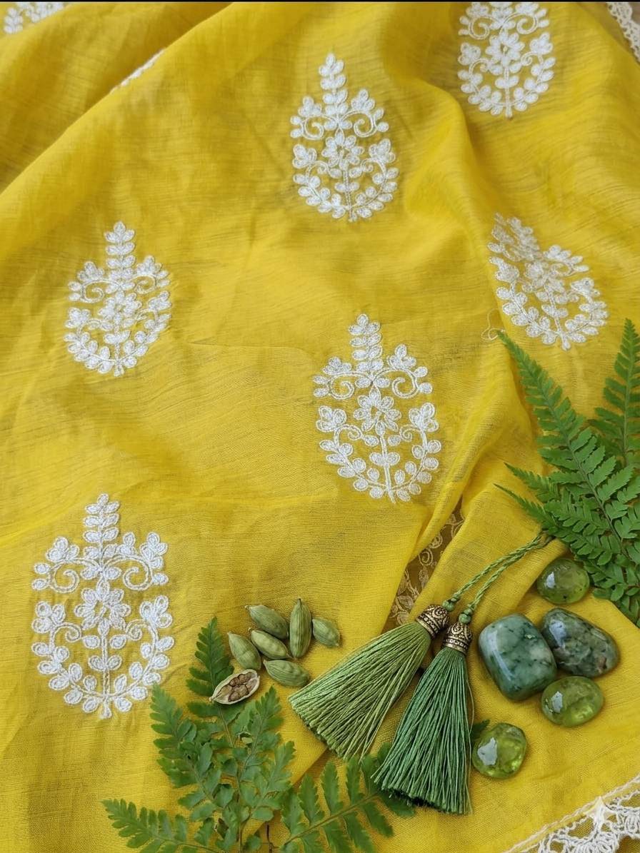 Greenish Yellow Chanderi Silk with White cord Motifs Fabric