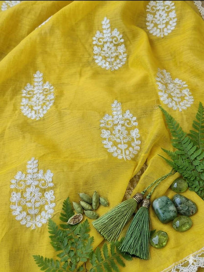 Greenish Yellow Chanderi Silk with White cord Motifs Fabric