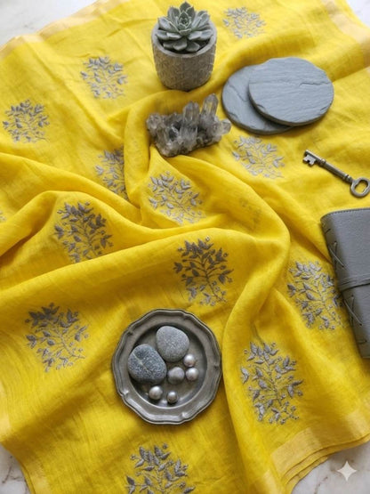 Greenish Yellow Chanderi Silk with Grey thread and seq Motifs Fabric