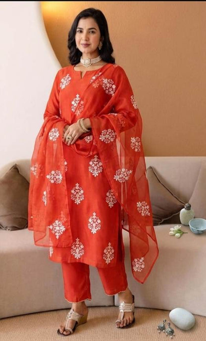Hot Orange Chanderi Silk with White cord Motifs Fabric