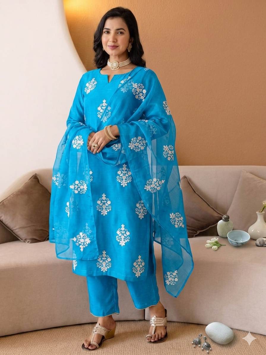 Teal Blue Chanderi Silk with White cord Motifs Fabric