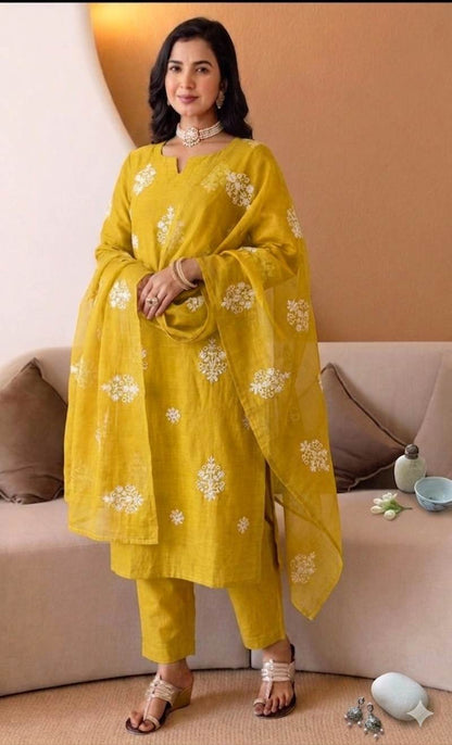 Greenish Yellow Chanderi Silk with White cord Motifs Fabric