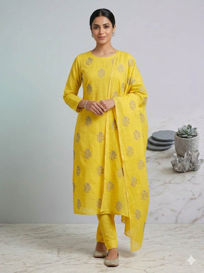 Greenish Yellow Chanderi Silk with Grey thread and seq Motifs Fabric