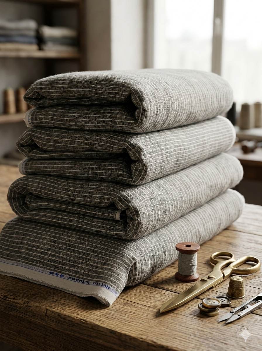 Brown base With white pinstripe Premium Cotton Linen Fabric