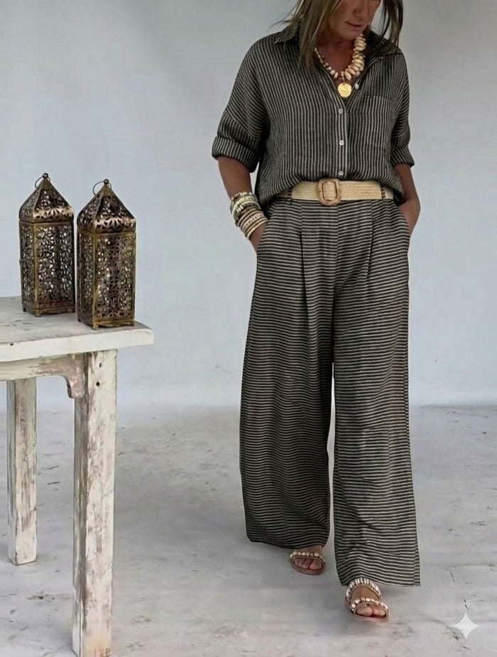 Brown base With white pinstripe Premium Cotton Linen Fabric