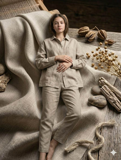 Beige Melange with off White texture Cotton Linen