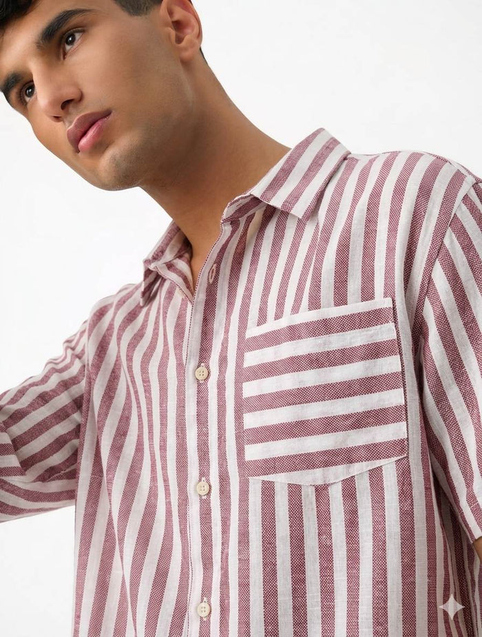 Onion Red & White Pinstriped Alternate band Premium Cotton Linen Fabric