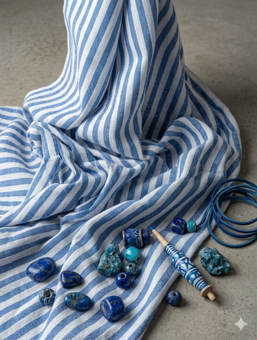 Denim Blue & White Pinstriped Alternate band Premium Cotton Linen Fabric