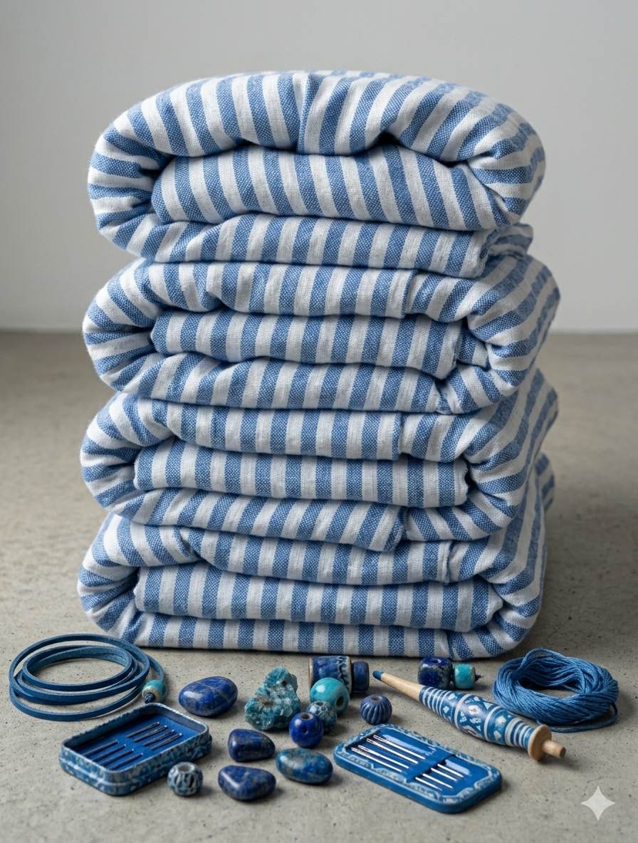 Denim Blue & White Pinstriped Alternate band Premium Cotton Linen Fabric