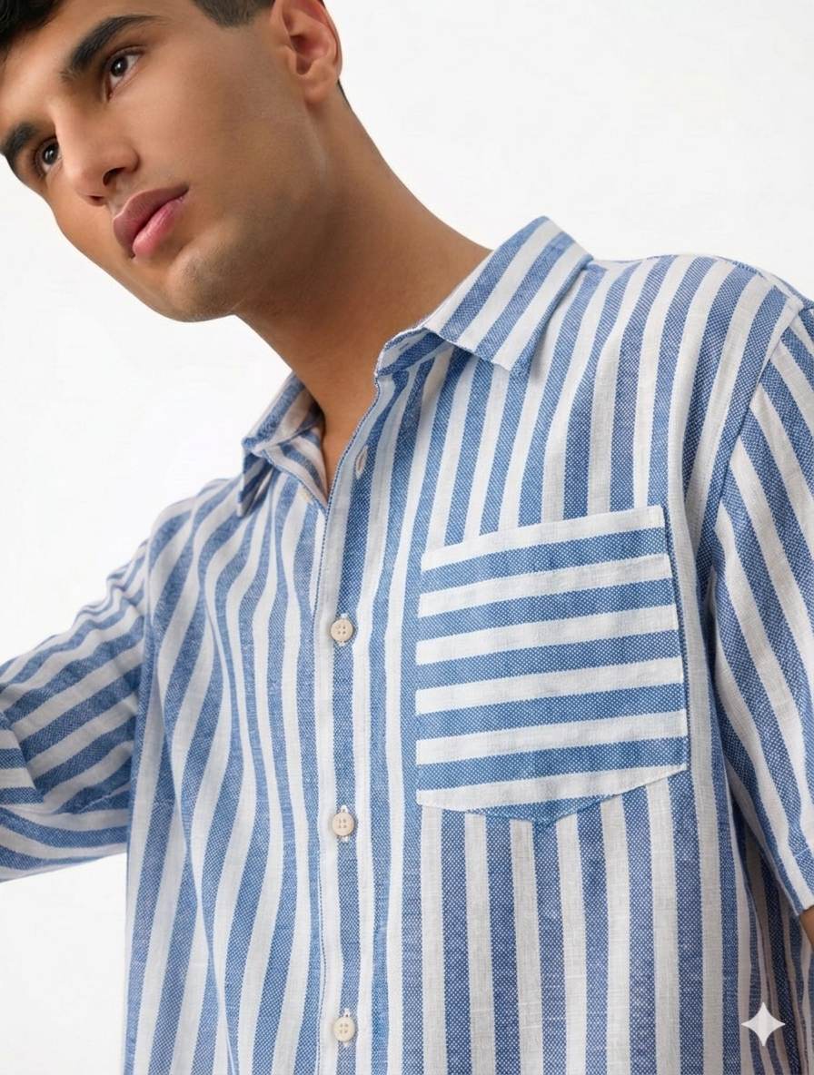 Denim Blue & White Pinstriped Alternate band Premium Cotton Linen Fabric