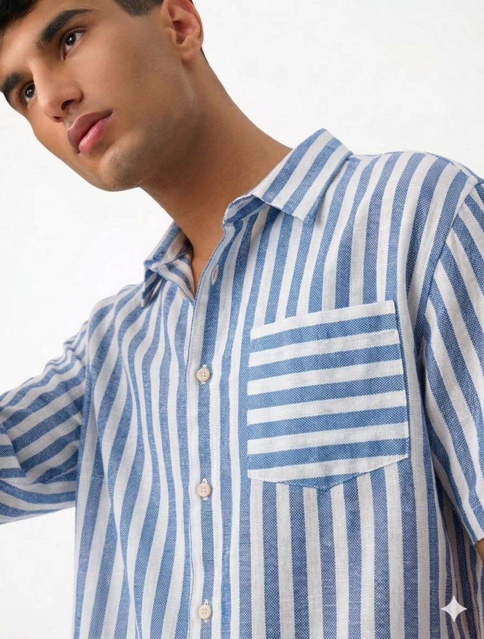 Denim Blue & White Pinstriped Alternate band Premium Cotton Linen Fabric