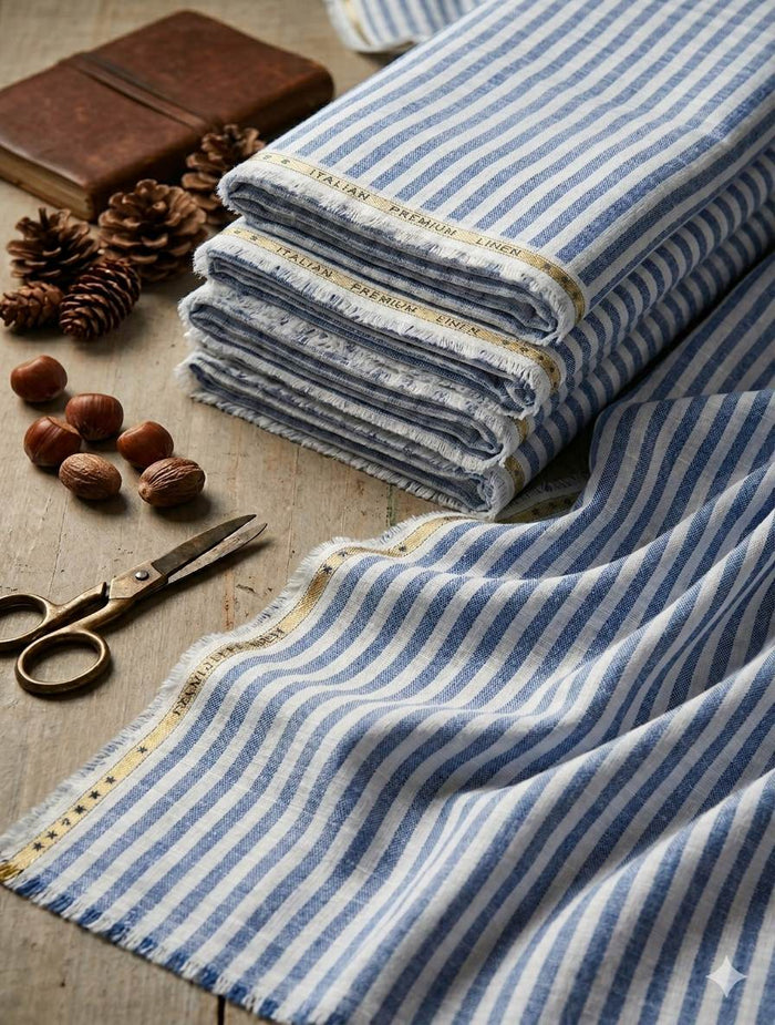 Denim Blue & White Pinstriped Alternate band Premium Cotton Linen Fabric