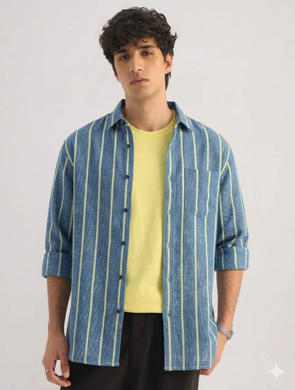 Indigo & Lime Textured Stripes Premium Cotton Linen Fabric