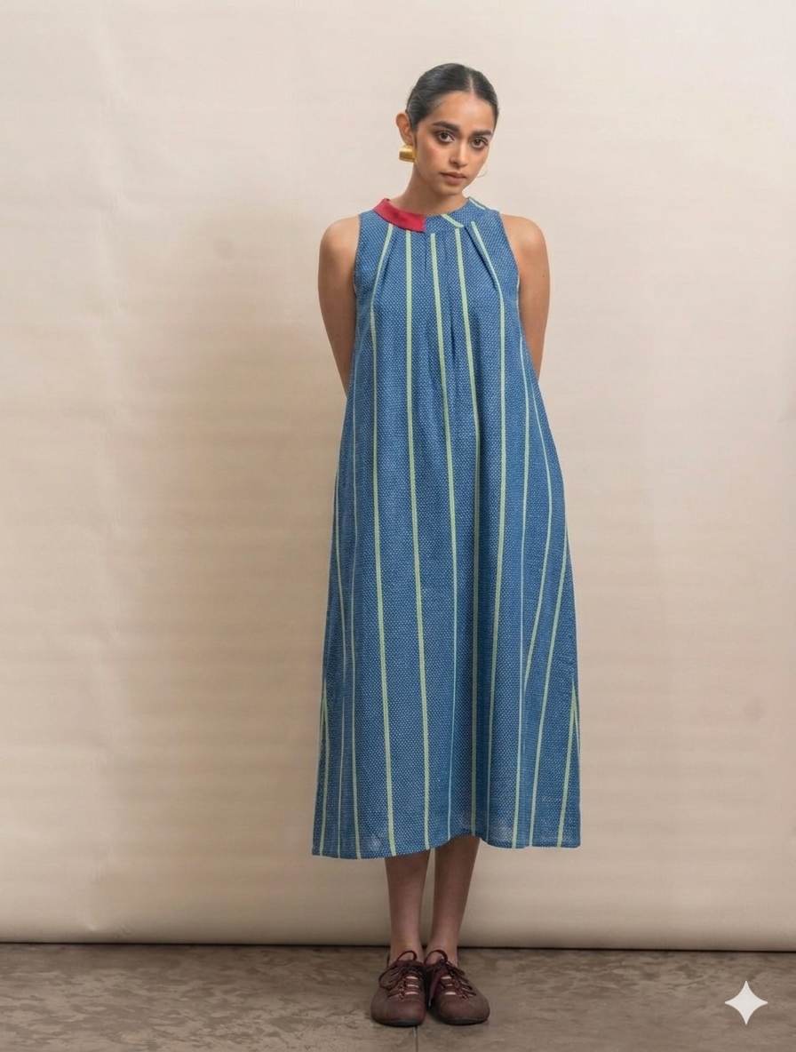 Indigo & Lime Textured Stripes Premium Cotton Linen Fabric