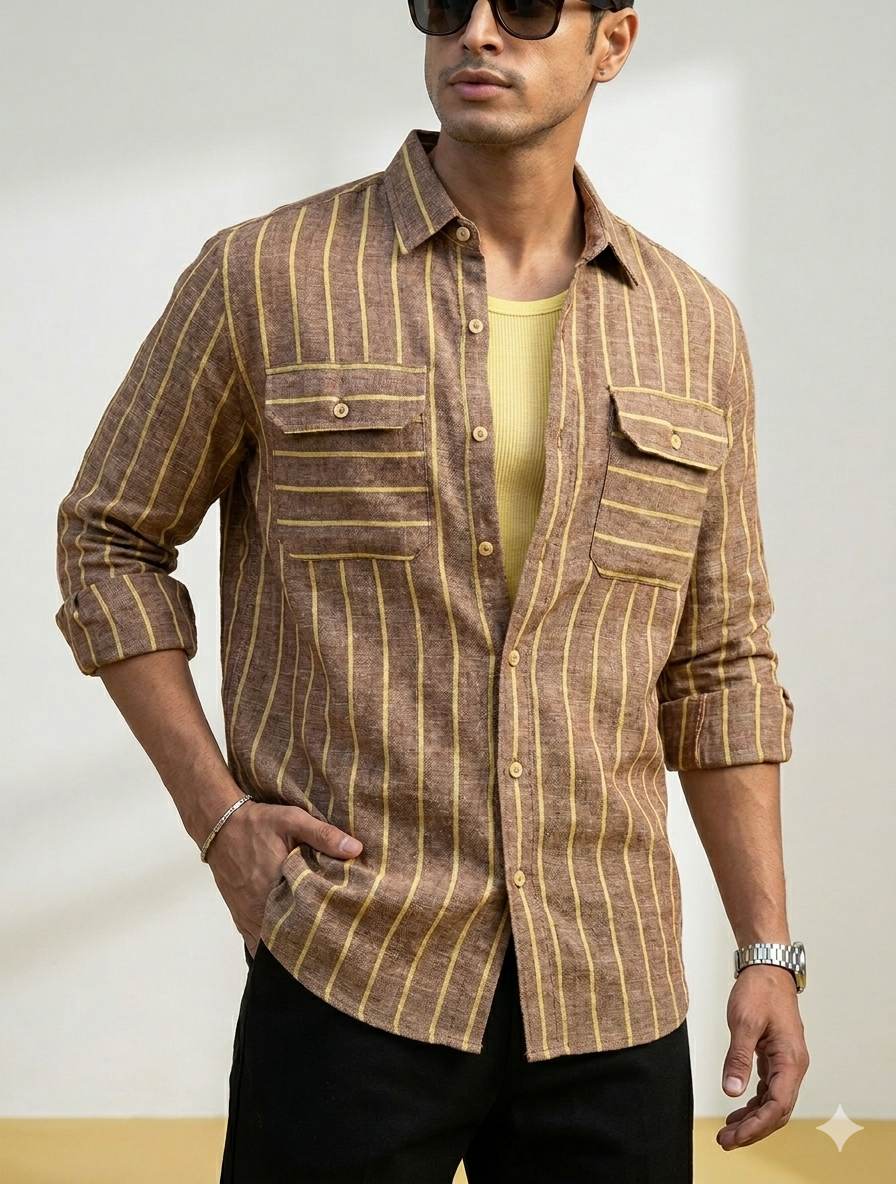 Earthy Red & Sulfur yellow Textured Stripe Premium Cotton Linen Fabric