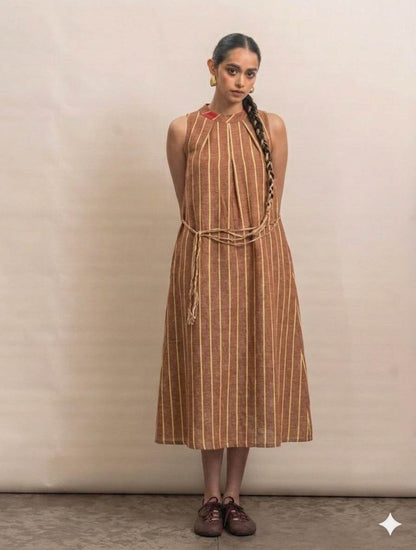 Earthy Red & Sulfur yellow Textured Stripe Premium Cotton Linen Fabric
