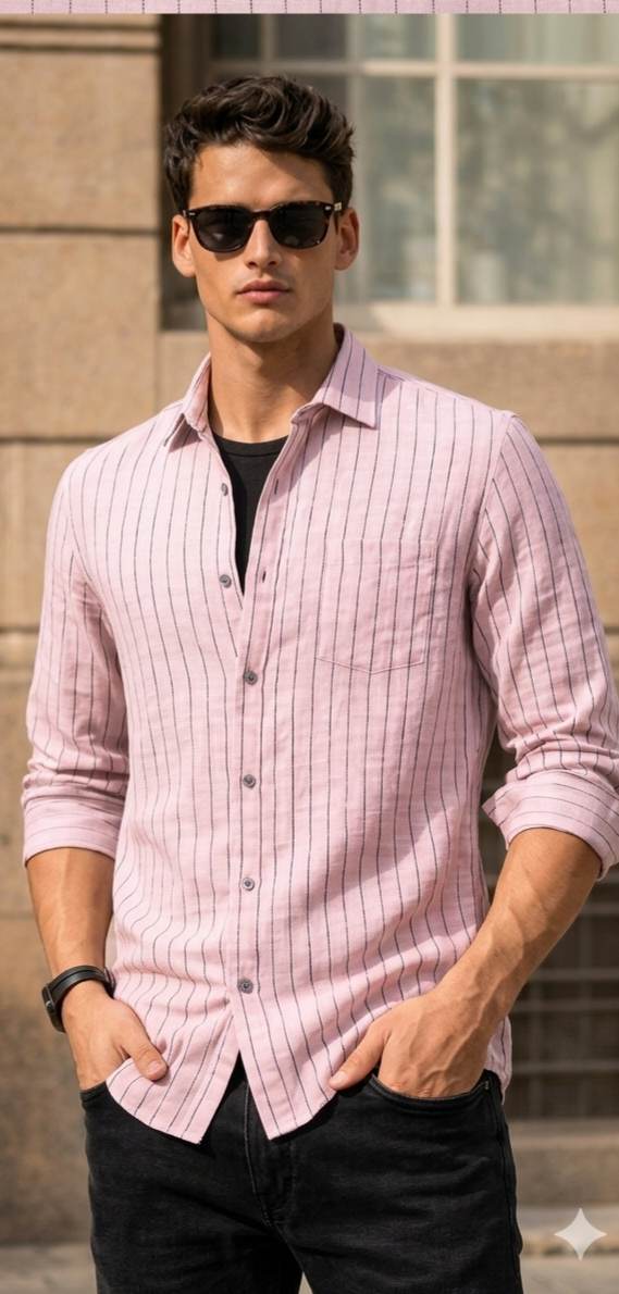 Soft Pink Pinstripe Premium Italian Cotton Linen Fabric