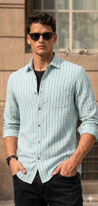 Sky Blue With charcoal Pinstripe Italian 60 Lea Cotton Linen Fabric