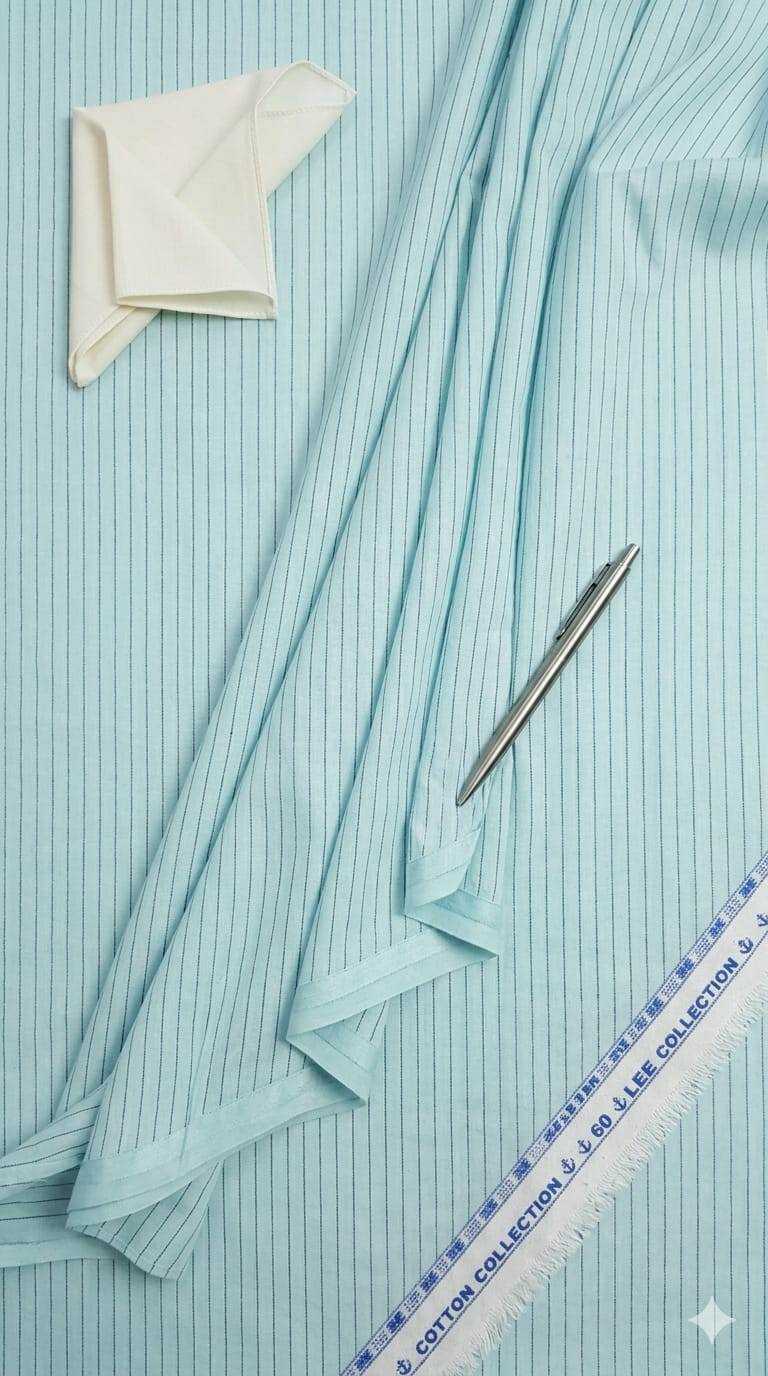 Sky Blue With charcoal Pinstripe Italian 60 Lea Cotton Linen Fabric