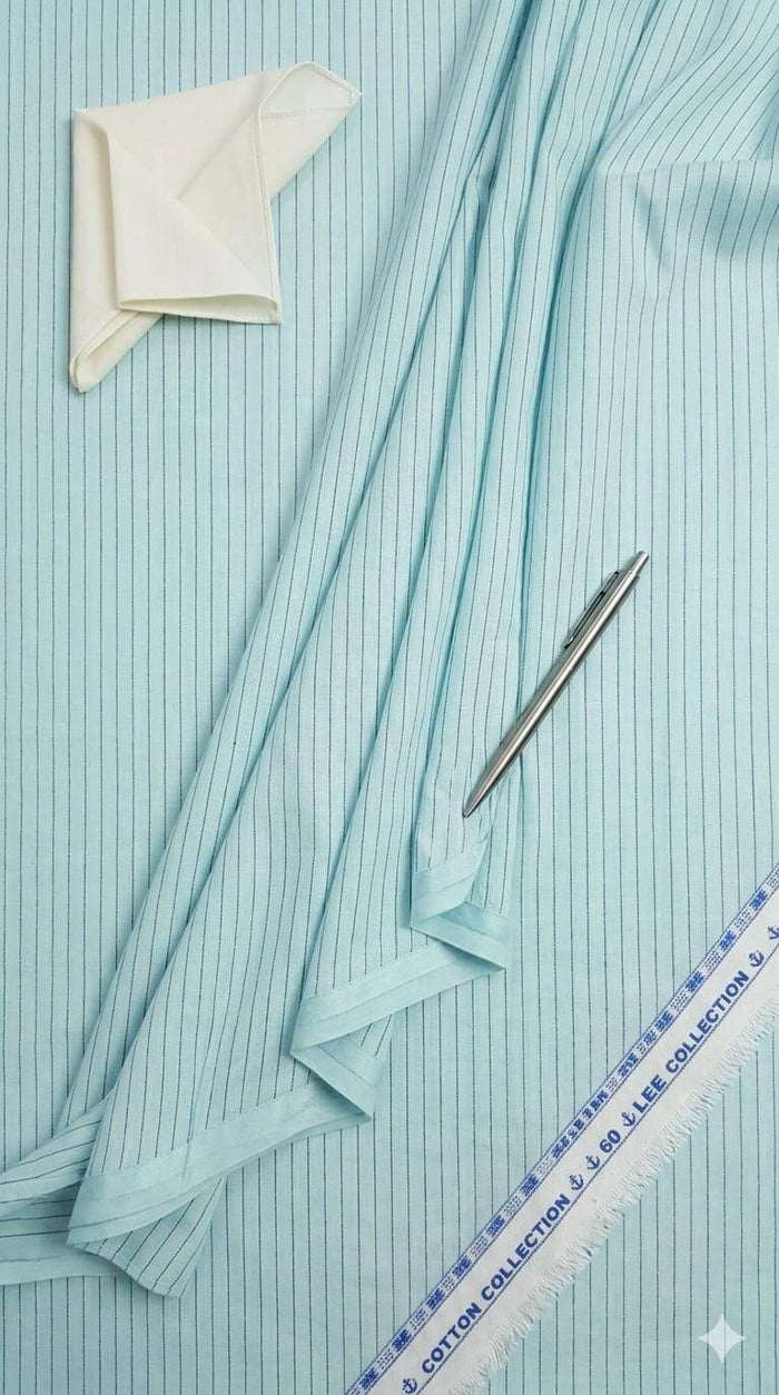 Sky Blue With charcoal Pinstripe Italian 60 Lea Cotton Linen Fabric
