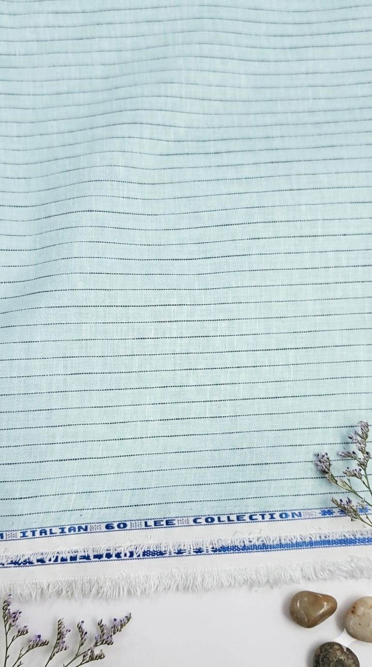 Sky Blue With charcoal Pinstripe Italian 60 Lea Cotton Linen Fabric