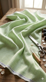 Premium Mint Green Cotton-Linen Blend with Navy Micro-Stripes fabric