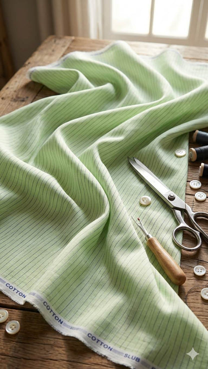 Premium Mint Green Cotton-Linen Blend with Navy Micro-Stripes fabric