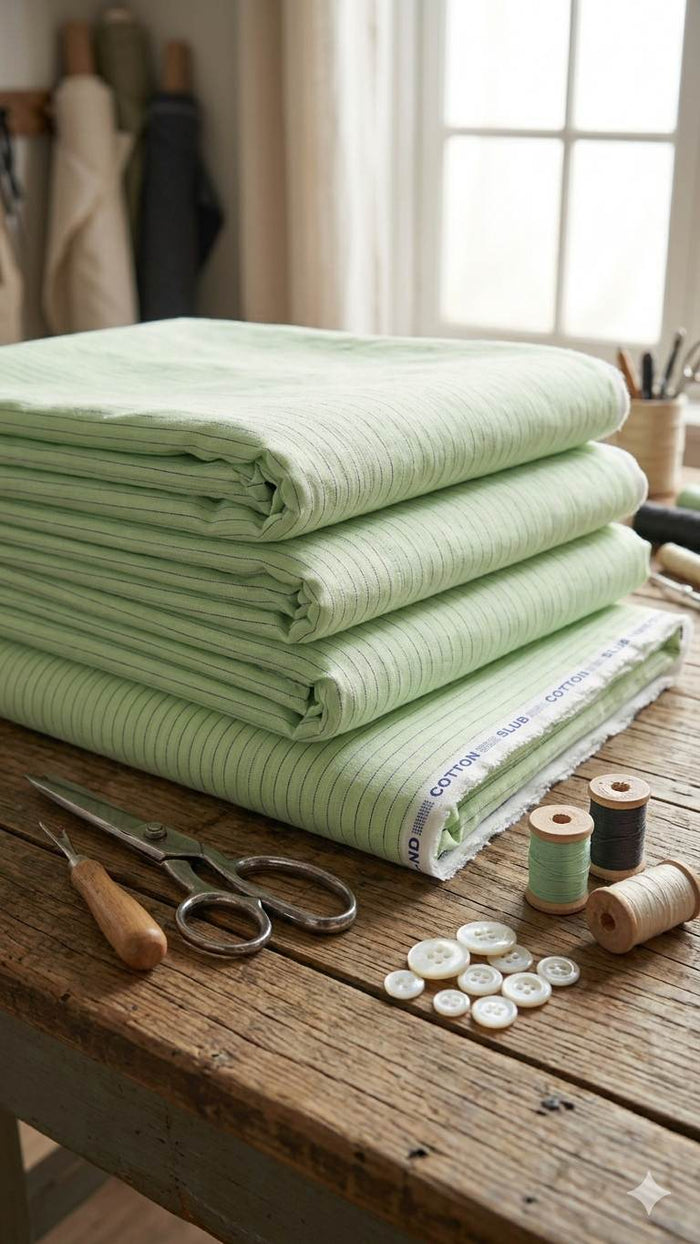 Premium Mint Green Cotton-Linen Blend with Navy Micro-Stripes fabric