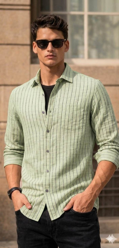 Premium Mint Green Cotton-Linen Blend with Navy Micro-Stripes fabric