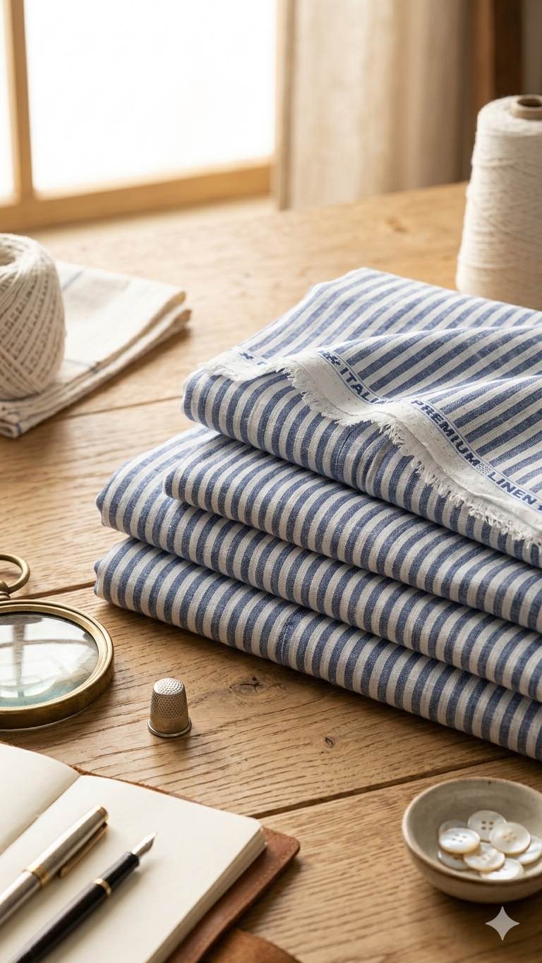 Italian Premium Pure cotton Linen – Classic Blue & White Nautical Stripe Fabric